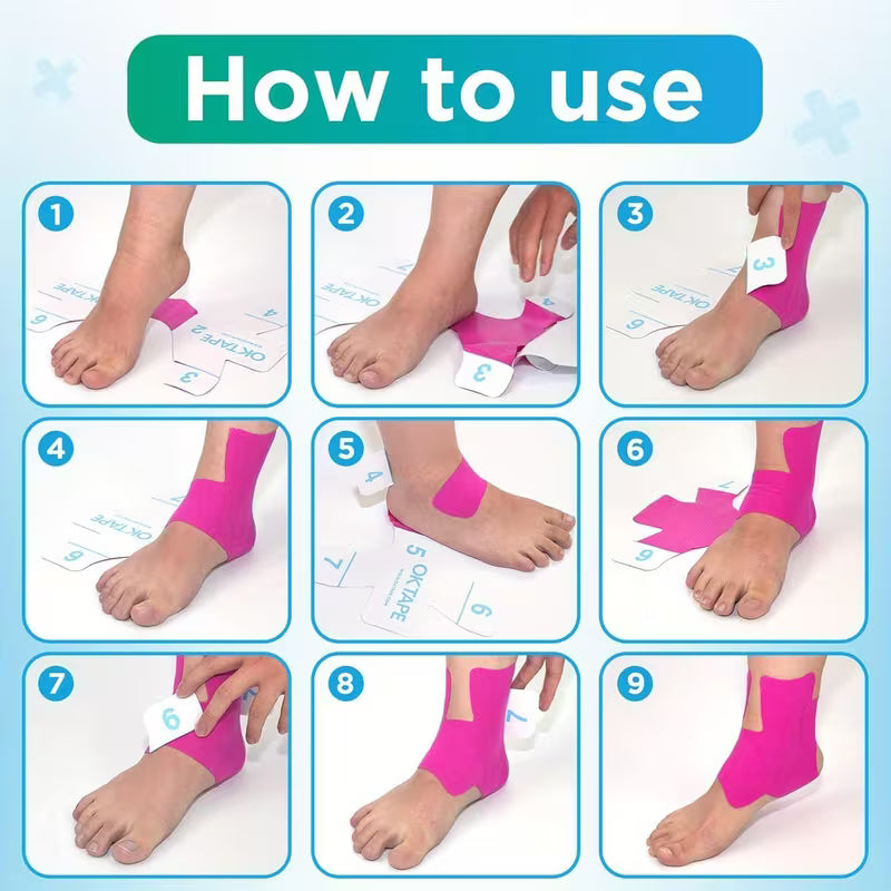 OK TAPE Kinesiology Tape Precut 10 Strips - Ankle Sprain Prevention, Elastic Breathable Sports Tape